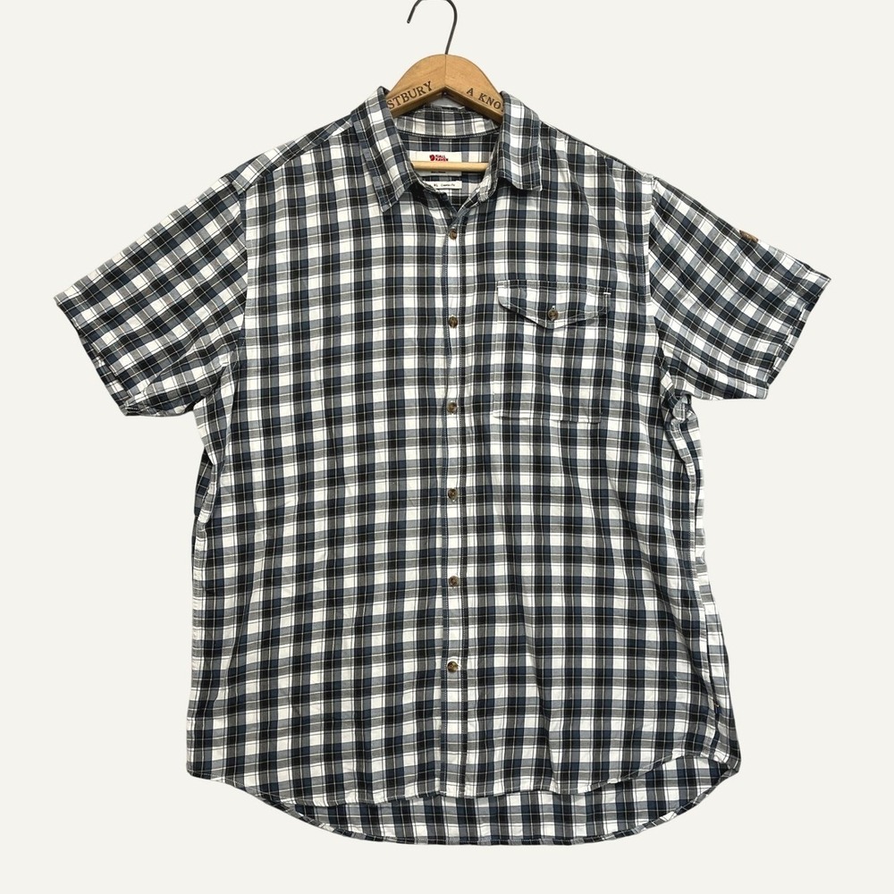 Fjallraven Sarek Shirt SS Mens XL Comfort Fit Navy Blue Plaid Button Down 82448